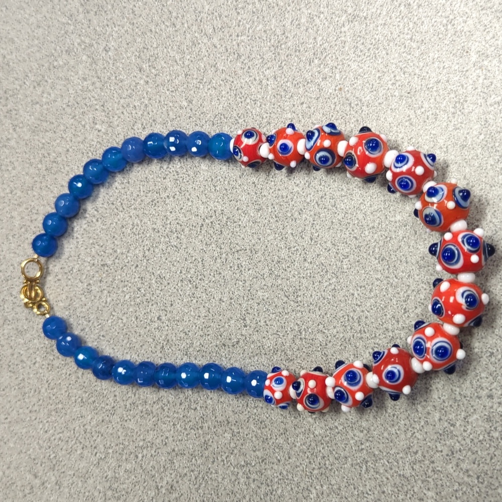 Lampwork Glass Bumpy Bead Necklace Red White Blue - Picture 3 of 7